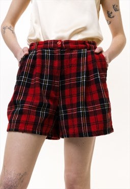 80s Wool Pleated Red & Black Plaid Shorts
