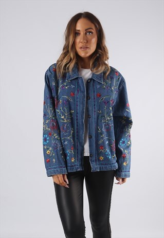 VINTAGE DENIM JACKET OVERSIZED EMBROIDERED UK 14 (QDE)