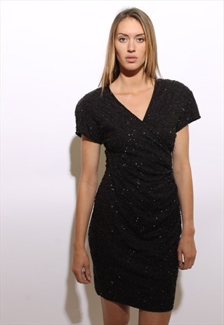 VINTAGE 1980'S 80'S BLACK BEADED KNIT SURPLICE DRESS S-M