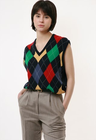 BENETTON MULTICOLOR CHECKED GEOMETRIC WOOL VEST SIZE S 2532