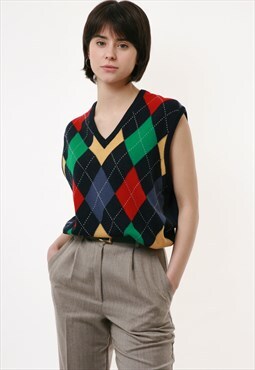 Benetton Multicolor Checked Geometric Wool Vest size S 2532
