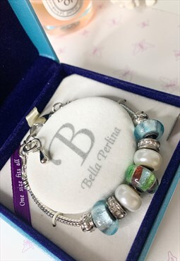 Silver Bracelet with Blue and Green Bead Charms