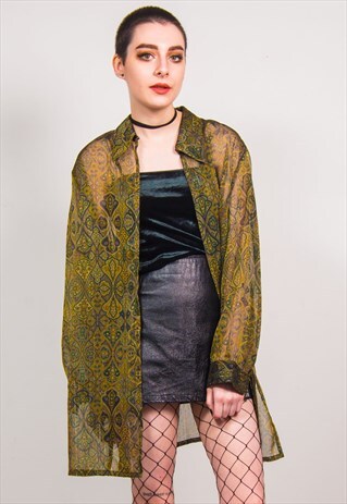 VINTAGE 90'S GREEN PAISLEY PATTERN OPEN SHEER SHIRT