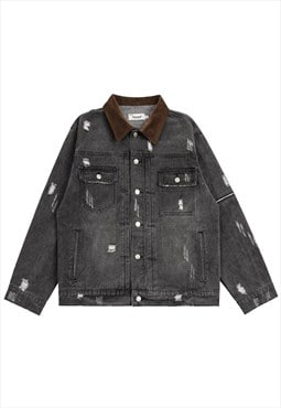 Ripped denim jacket corduroy collar jean blazer bomber black