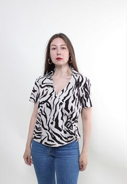 Vintage 90s linen blouse, white v neck blouse zebra printed