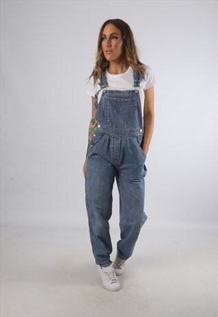 VINTAGE DENIM DUNGAREES WIDE TAPERED LEG UK 8 XS (K93E)