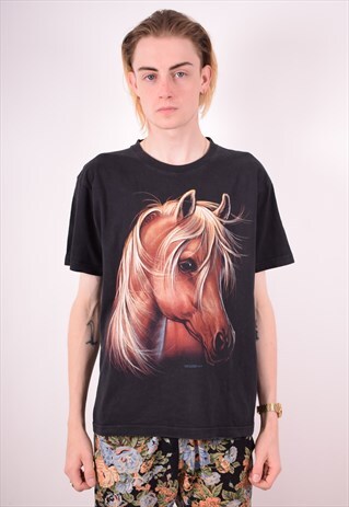MENS VINTAGE HORSE T-SHIRT TOP LARGE BLACK 90S