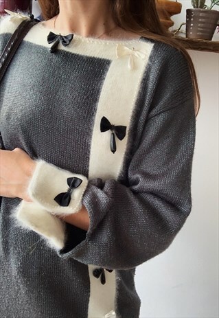 VINTAGE 80S PARISIAN SOFT KNIT JUMPER SWEATER WITH RIBBONS