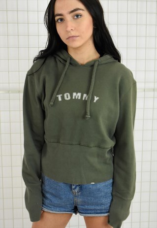 TOMMY JEANS KHAKI GREEN CROPPED HOODIE