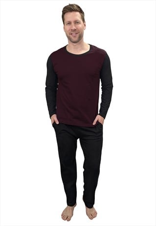 Mens Cotton Pyjama Sets PJ's Loungewear L/S Black/Burg S-4XL