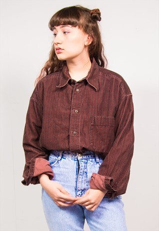 VINTAGE 90'S BROWN CHECKED CORD OVERSIZED LONG SLEEVE SHIRT
