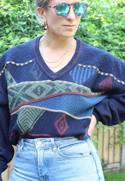 Vintage 1980s textured knitted jumper in blue