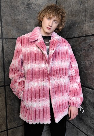 TIE-DYE FLEECE COAT HANDMADE 2IN1 HOODED TRENCH JACKET RED