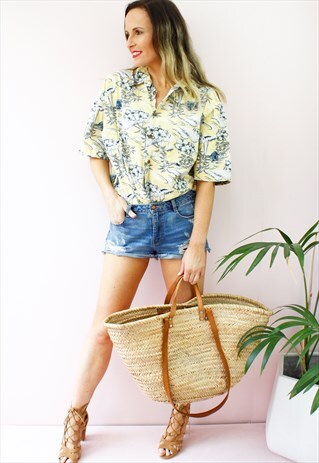 VINTAGE 80'S HAWAIIAN PRINT YELLOW OVERSIZED SHIRT BLOUSE