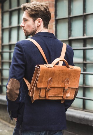 MEDIUM TAN LEATHER HAND STITCHED SATCHEL BACKPACK