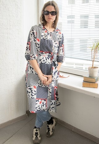 VINTAGE 80'S MULTICOLOUR PATTERNED MIDI DRESS