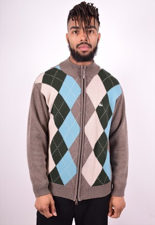 LACOSTE MENS VINTAGE CARDIGAN SWEATER LARGE BROWN 90'S