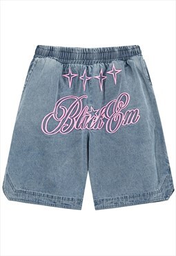 Embroidered denim shorts premium graffiti jean pants in blue