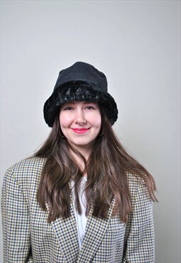 Fake fur hat, vintage faux fur bucket hat, women retro 