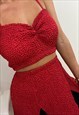 CROP TOP & SKATER SKIRT SET IN RED BUBBLE TEXTURED SATIN