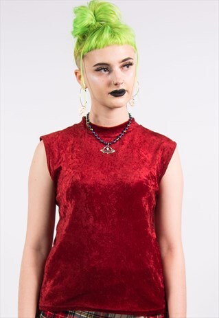VINTAGE 90'S RED POLO NECK VELVET VEST TOP
