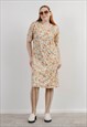 Vintage 60s Short Sleeve Pleat Front Midi Dress in Pastel L