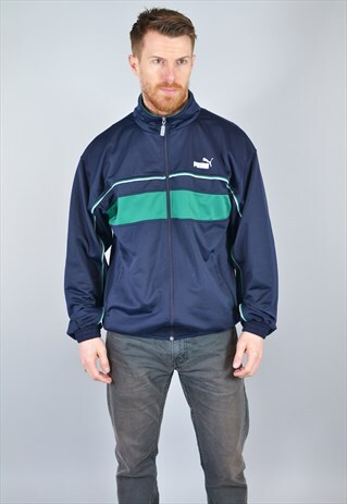 VINTAGE PUMA NAVY BLUE & MINT GREEN TRACK TOP JACKET