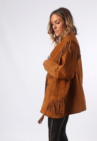 TASSEL FRINGE JACKET SUEDE BOHEMIAN 90'S UK 16 (E9C)