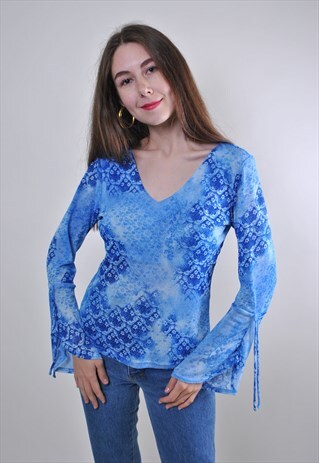 90S ABSTRACT PRINT WOMAN VINTAGE BLUE PULLOVER RAVE BLOUSE