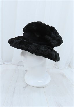 90s Vintage Black Faux Fur Bucket Hat