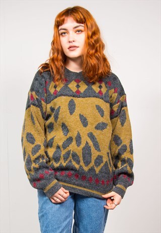VINTAGE 90'S GREEN & GREY LEAF PATTERN KNIT OVERSIZED JUMPER