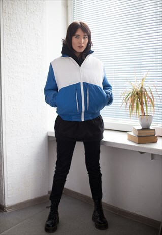 VINTAGE 70'S COLOUR BLOCK PADDED JACKET IN BLUE/WHITE