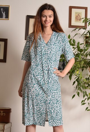 VINTAGE 90S ABSTRACT PATTERNED MIDI DRESS IN AQUA BLUE