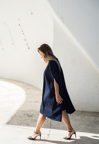 DARK BLUE TURTLENECK PONCHO DRESS WITH WHITE STRIPES