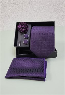 Purple Woven Handkerchief Men Necktie & Lapel Pin Brooch Se