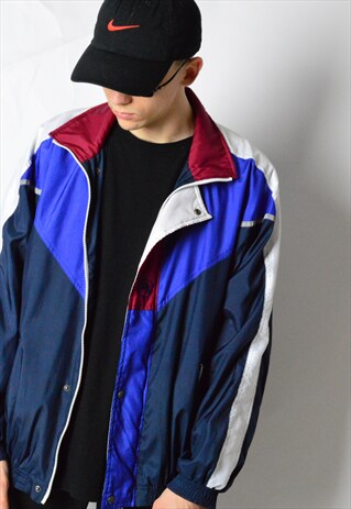 VINTAGE 90S NAVY BLUE COLOUR BLOCK SPORTS TRACK JACKET