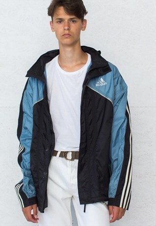 VINTAGE BLUE BLACK ADIDAS WINDBREAKER RAINCOAT JACKET