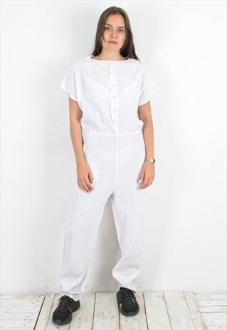 Vintage Women 90's Overall White Coquette Dungaree Jumpsuit