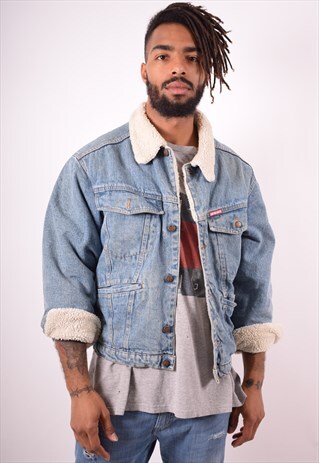 MENS VINTAGE SHERPA DENIM JACKET LARGE BLUE 90S