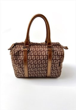 Fendi Handbag Bag Zucca Zucchino Boston Logo Monogram Brown 