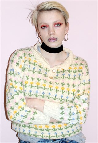 80S VINTAGE FLORAL KNITTED CREAM YELLOW GREEN HIPSTER JUMPER