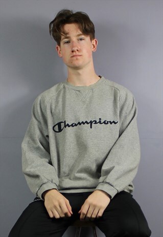VINTAGE CHAMPION SWEATSHIRT IN GREY WITH PRINTED SPELLOUT LO
