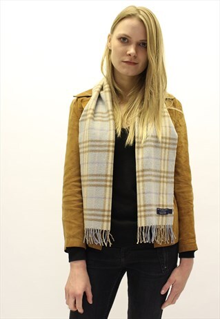 VINTAGE CASHMERE CHECKED SCARF BLUE-AS63