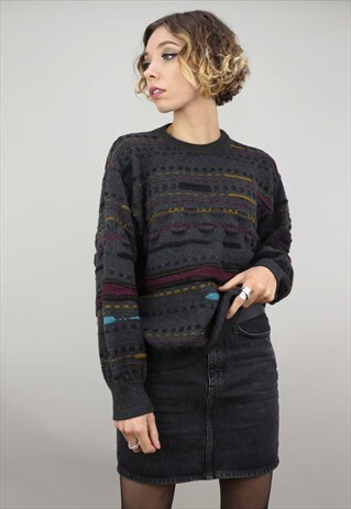 VINTAGE 80S 90S OVERSIZED PATTERNED KNIT JUMPER