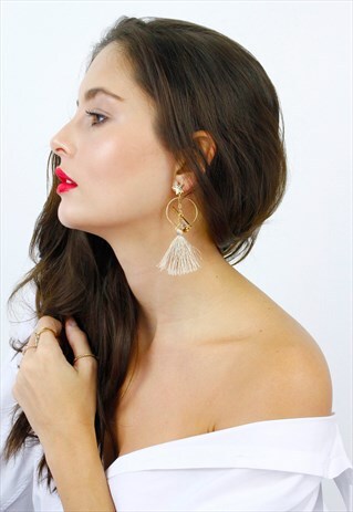 GOLD HOOP BEIGE TASSEL DROP DANGLE EARRINGS