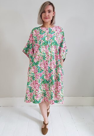 VINTAGE 60'S 70'S PINK FLORAL ZIP UP DRESS