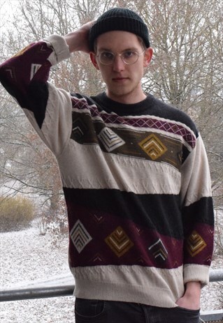90S BEIGE VINTAGE PATTERNED WOOL JUMPER