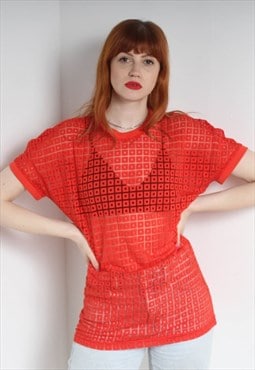 Vintage Versace Mesh Log Knit T-Shirt Top - Red