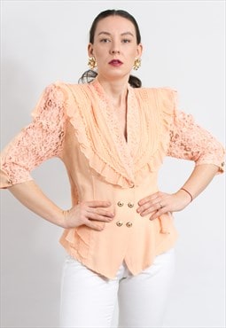 Vintage 80's lace blouse in peach orange french shirt