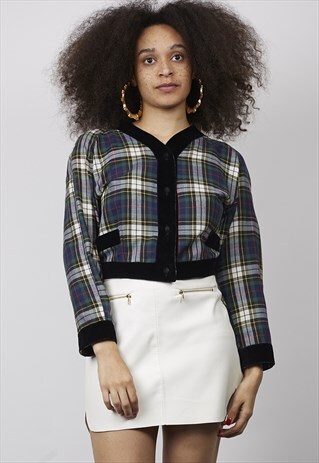 VINTAGE 80'S BENETTON GREEN TARTAN LIGHTWEIGHT CROP JACKET
